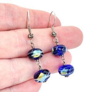 Blue Dichroic Glass Bead Dangle Earrings | Estate Sterling Silver 925